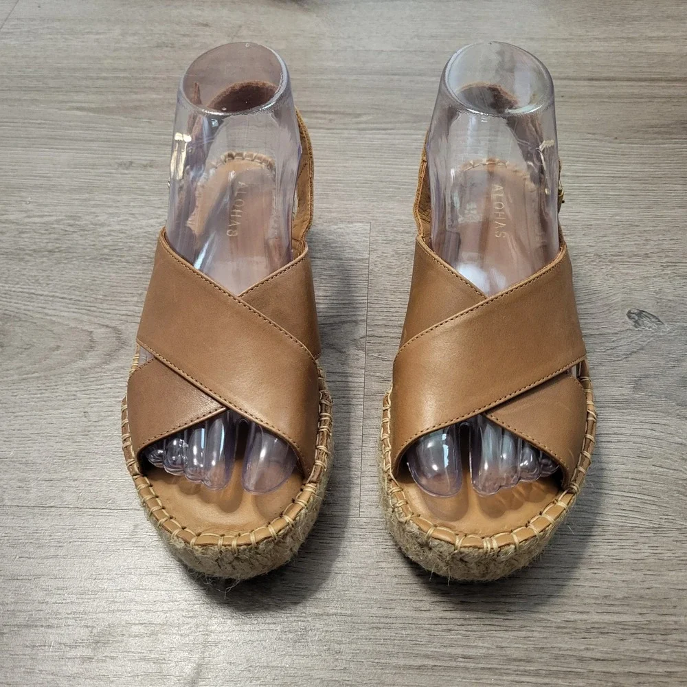 Alohas Tan Leather Crossed Platform Espadrille Sandals Brown Womens US 6 EU 36